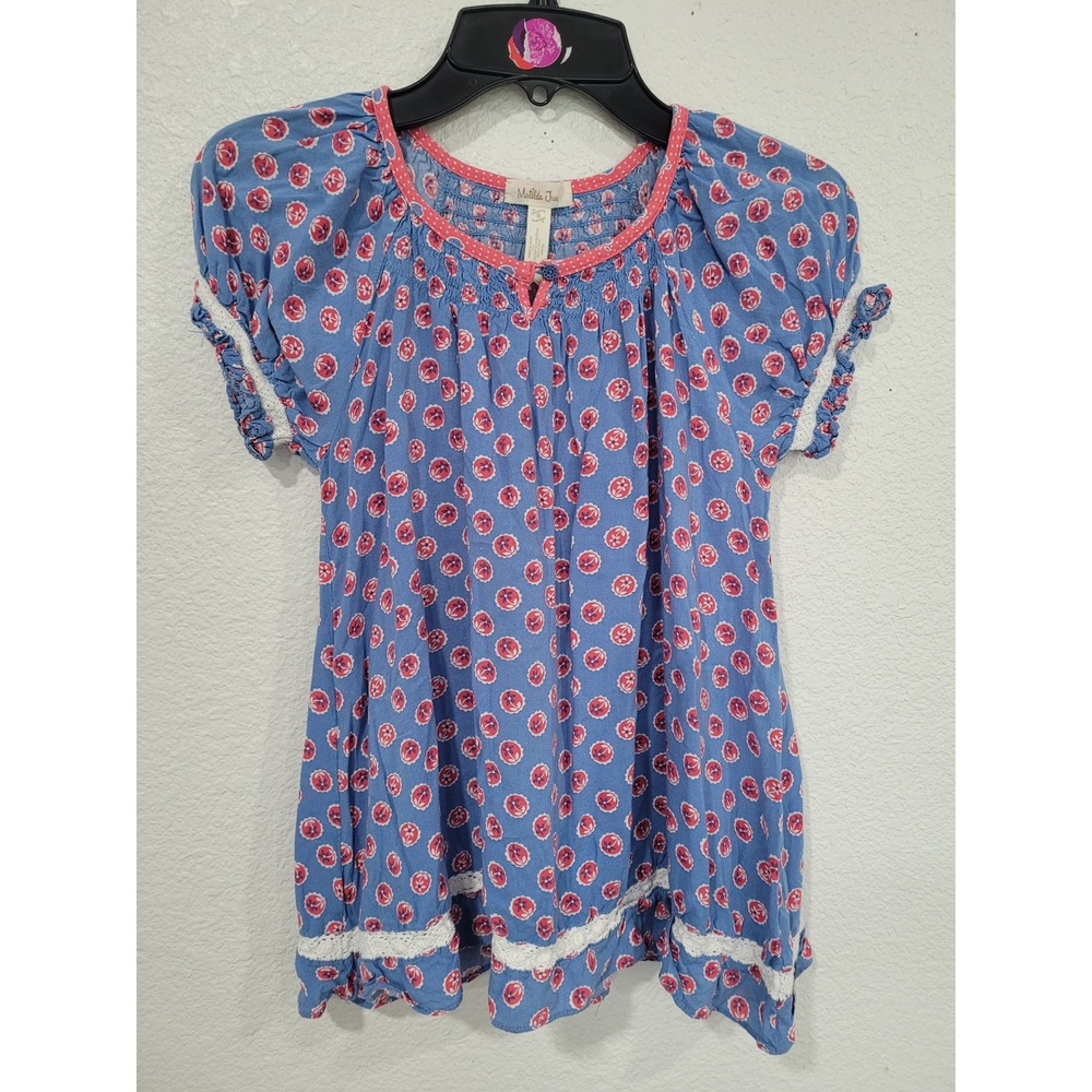 Matilda Jane Girls Blue Pink Floral Medallion Smocked Peasant Top Size 8 #10